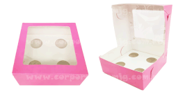 CAJA PARA 4 CUP CAKES CON VENTANA E INSERTO ROSA 15.5X15.5X7