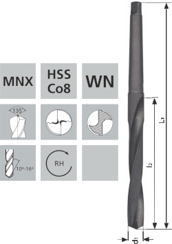 Spiralbohrer mit Morsekonus-Schaft MNX HSS Co8 W-Norm / 135°