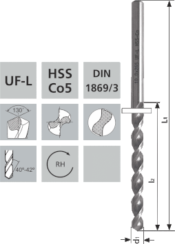 Extra lange Spiralbohrer UF-L HSS Co5 DIN1869-3 / 130°