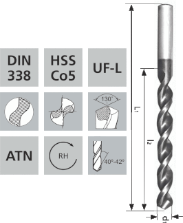 Kurze Spiralbohrer mit Zylinderschaft UF-L / ATN-Hartstoffbeschichtung HSS Co5 DIN338 / 130°