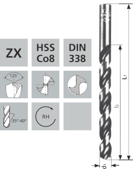 Kurze Spiralbohrer mit Zylinderschaft ZX HSS Co8 DIN338 Kobe / 125°