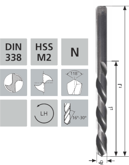 Kurze Spiralbohrer mit Zylinderschaft N / HSS-M2 DIN 338 / 118° Linksschneidend