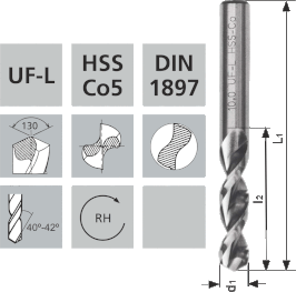 Extra kurze Spiralbohrer mit Zylinderschaft UF-L HSS Co5 DIN 1897 / 130°