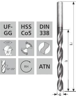 Kurze Spiralbohrer mit Zylinderschaft UF-GG HSS Co5 ATN-Hartstoffbeschichtung DIN338 / 120°