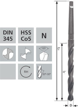 Spiralbohrer mit Morsekonus-Schaft N HSS Co5 DIN345 / 120°