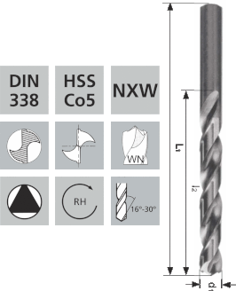 Kurze Spiralbohrer mit Zylinderschaft NXW / Co5 DIN338 W-Norm