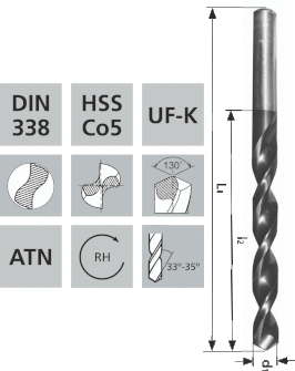 Kurze Spiralbohrer mit Zylinderschaft UF-K / ATN-Hartstoffbeschichtung HSS Co5 DIN338 / 130°