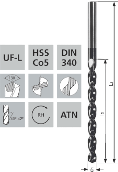 Lange Spiralbohrer UF-L HSS Co5 ATN-Hartstoffbeschichtung DIN340 / 130°