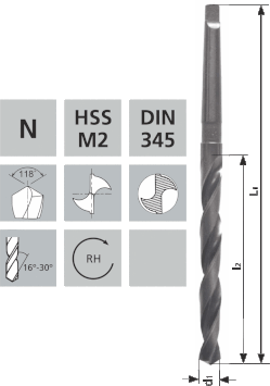 Spiralbohrer mit Morsekonus-Schaft N HSS-M2 DIN345 / 118°