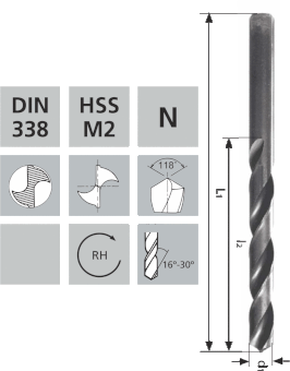 Kurze Spiralbohrer mit Zylinderschaft N / HSS-M2 DIN 338 / 118°