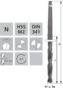 Lange Spiralbohrer mit Morsekonus-Schaft N HSS-M2 DIN341 / 118°