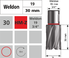 Kernlochbohrer Weldon 19mm 3/4“ L30mm / Hartmetallbestückte