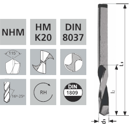 Hartmetallbestückte Spiralbohrer NHM HM-K20 DIN8037 / 115°