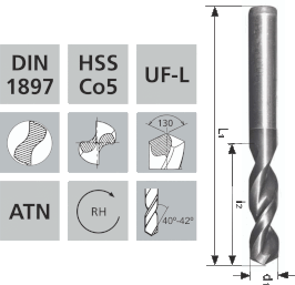 Extra kurze Spiralbohrer mit Zylinderschaft UF-L HSS Co5 ATN-Hartstoffbeschichtung DIN 1897 / 130°