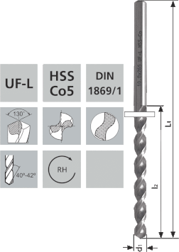Extra lange Spiralbohrer UF-L HSS Co5 DIN1869-1 / 130°