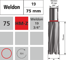 Kernlochbohrer Weldon 19mm 3/4“ L75mm / Hartmetallbestückte