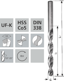 Kurze Spiralbohrer mit Zylinderschaft UF-K / HSS Co5 DIN338 / 130°