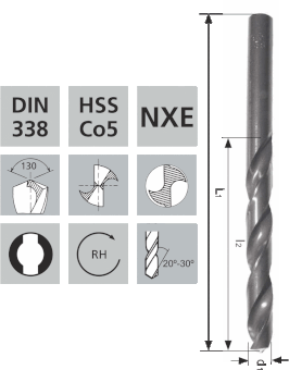 Kurze Spiralbohrer mit Zylinderschaft NXE / HSS Co5 DIN338 / 130°