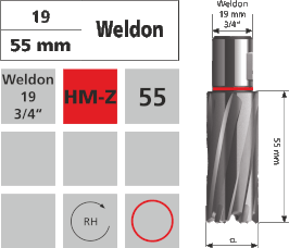 Kernlochbohrer Weldon 19mm 3/4“ L55mm / Hartmetallbestückte