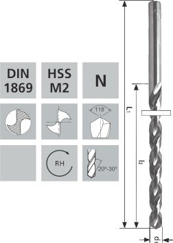 Extra lange Spiralbohrer N HSS-M2 DIN1869 / 118°