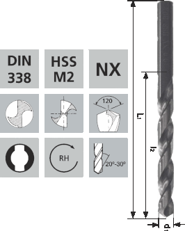 Kurze Spiralbohrer mit Zylinderschaft NX / HSS-M2 DIN 338 / 120°