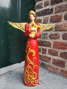 Engel 54 cm met harp - rood en goud
