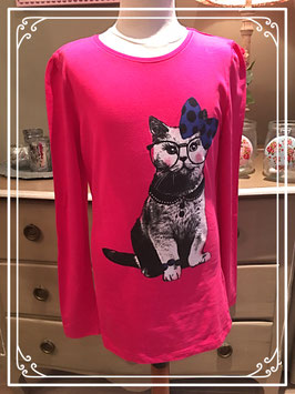 Nieuw: fuchsia roze shirt met poes van Here + There - maat 158-164