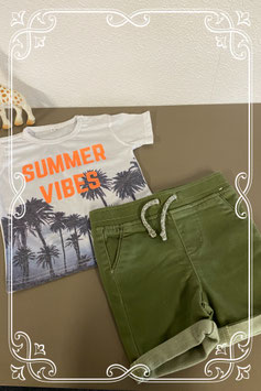 Stoere groene broek van Denim Co en stoer shirt beiden in maat 86