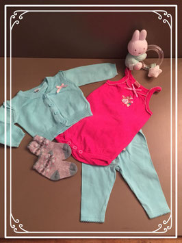 Turquoise setje met roze rompertje - Maat 56