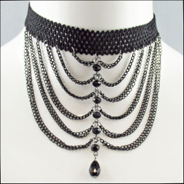 Gothic Choker Terèse – schwarzer Spitzenchoker mit Kettchen & Perlen | elastisches Halsband Steampunk Vintage Handmade HB-020