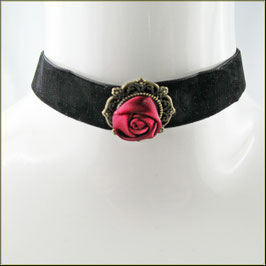 Samt-Halsband „Melanie“ – Schwarz mit roter Rose auf bronzefarbenem Medaillon