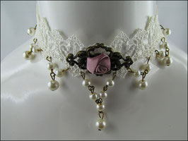 Spitzen Halsband cremeweiß mit altrosa farbener Rose Fleur