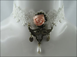 Spitzen Halsband cremeweiß mit lachsrosa Rose Geneviève