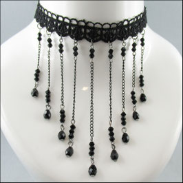 Gothic Choker „Sandrine“ – schwarzer Spitzenchoker mit Perlen & Kettchen | Steampunk Halsband - HB-019
