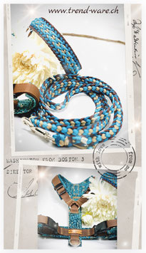 Paracord Hundeleine Herz himmelblau/beige/braun