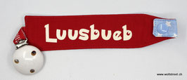Nuggiband "Luusbueb" rot / hellbau mit weissen Sternen