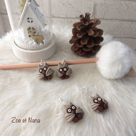 Boucles d'oreilles, Chouettes, beige, came, marron