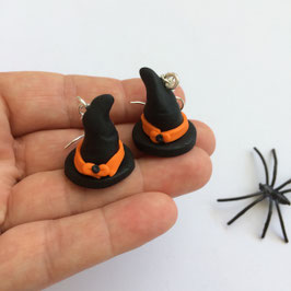 Boucles d'oreilles Halloween, Chapeaux de sorcière, noir & orange