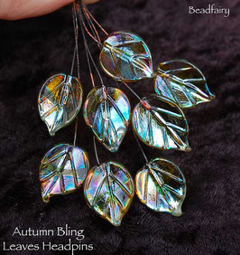8 Autumn Bling Leaves Head Pins Set, Glass Headpins
