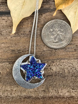 Purple and blue titanium drusy star and crescent moon necklace