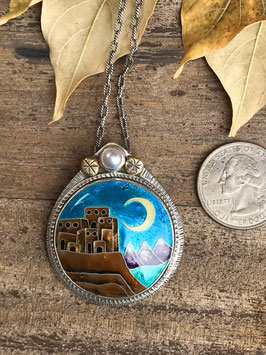 Cloisonne enamel pueblo mountain moon scene necklace - sterling silver, 14k and pearl - Ruins by Moonlight
