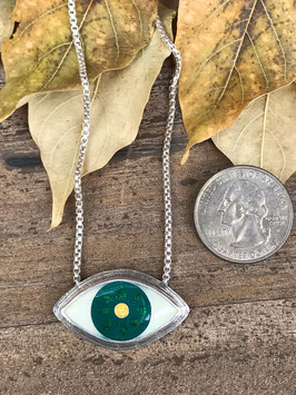 Cloisonne enamel, sterling silver green evil eye necklace with gold pupil