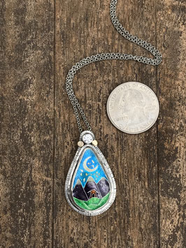 Cloisonne enamel mountain night scene necklace - sterling silver, 14k and white sapphire - Rocky Mountain Moonlight