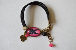 Bracelet noir et rose style vintage cabochon chat