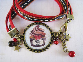 Bracelet rouge et marron cabochon rétro cupcake