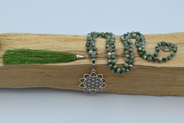 Grüner Fleck-Jaspis 6mm Mala mit Lebensblume und Lotus