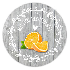 Marmeladenaufkleber rund | Holzoptik mit Blumenornament - Orange