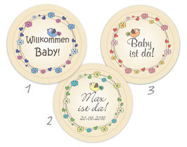 Baby Aufkleber zur Geburt | Niedliche Vögelchen - Blumenkranz