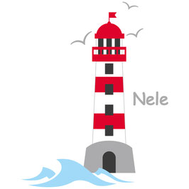 Wandaufkleber | Leuchtturm rot - Möwen & Wunschname