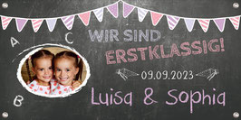 Banner zur Einschulung für Zwillinge - 100 x 50 cm - mit Foto personalisierbar | Tafeloptik rosa Wimpel